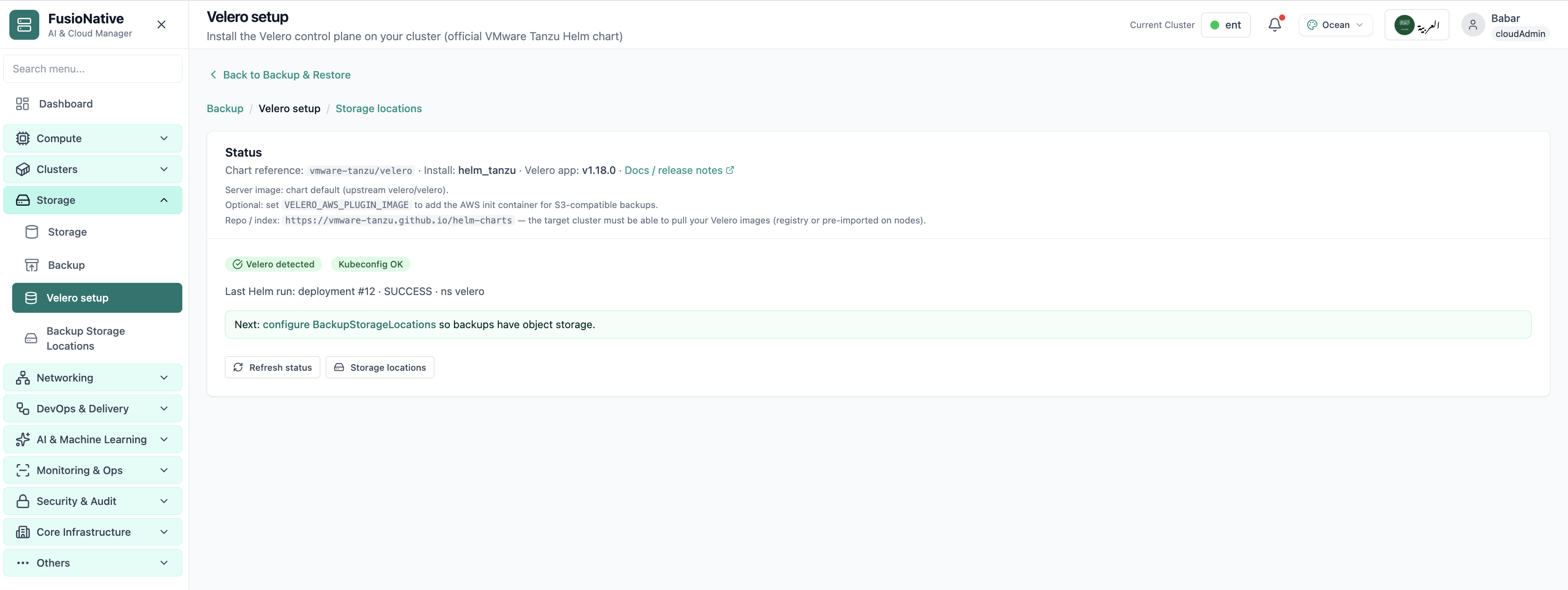 Velero installation and setup wizard.
